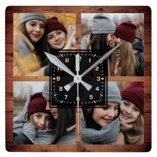 Rustic Barn Wood 4 Pictures Family Photo Collage Square Wall Clock