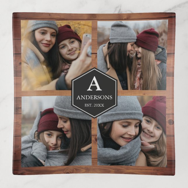 Rustic Barn Wood 4 Pictures Family Photo Collage Trinket Tray (Front)
