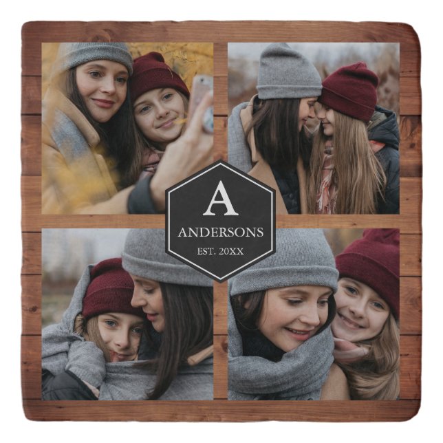 Rustic Barn Wood 4 Pictures Family Photo Collage Trivet (Front)