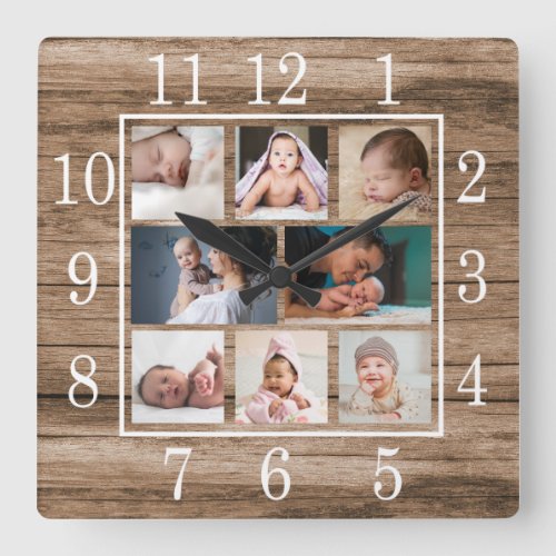 Rustic Barn Wood 8 Photo Collage Farmhouse Square Wall Clock