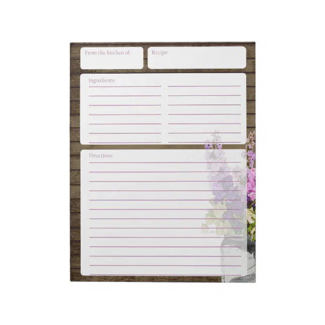 Rustic Notes Page Rustic Barn Wood and Jar of Flowers Recipe Pages Notepad | Zazzle