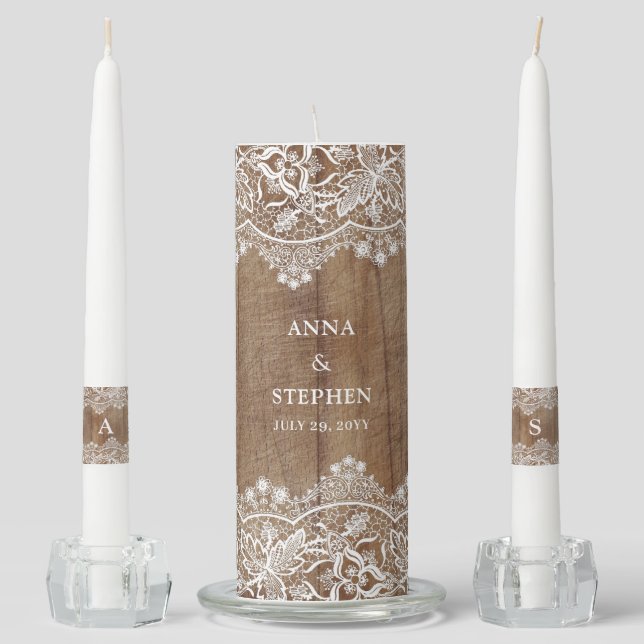 Rustic Barn Wood and Lace Couple's Wedding Unity Candle Set (Front)