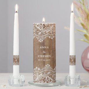 Rustic Barn Wood and Lace Couple's Wedding Unity Candle Set