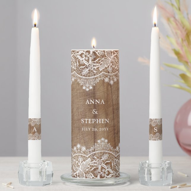 Rustic Barn Wood and Lace Couple's Wedding Unity Candle Set (In Situ)