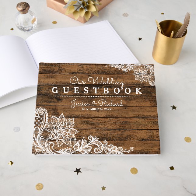 Rustic Barn Wood and Lace Guest Book (Front Open)