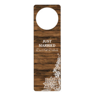 Rustic Barn Wood and Lace Just Married Door Hanger