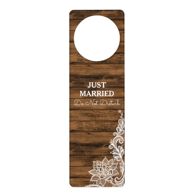 Rustic Barn Wood and Lace Just Married Door Hanger (Front)