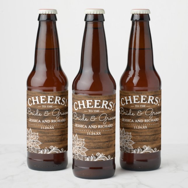 Rustic Barn Wood and Lace | Personalized Wedding Beer Bottle Label (Bottles)