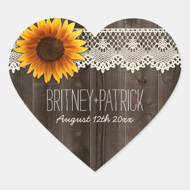 Rustic Barn Wood and Lace Sunflower Wedding Favors Heart Sticker | Zazzle