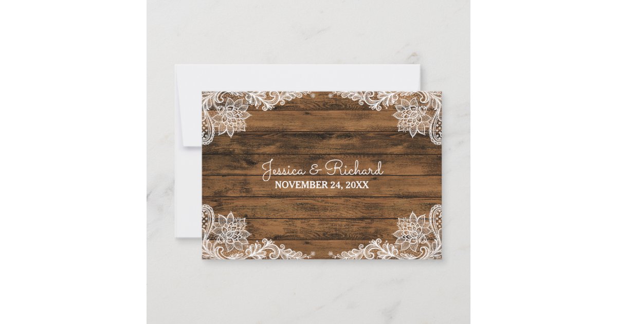Rustic Barn Wood and Lace Wedding Favor Thank You Card | Zazzle