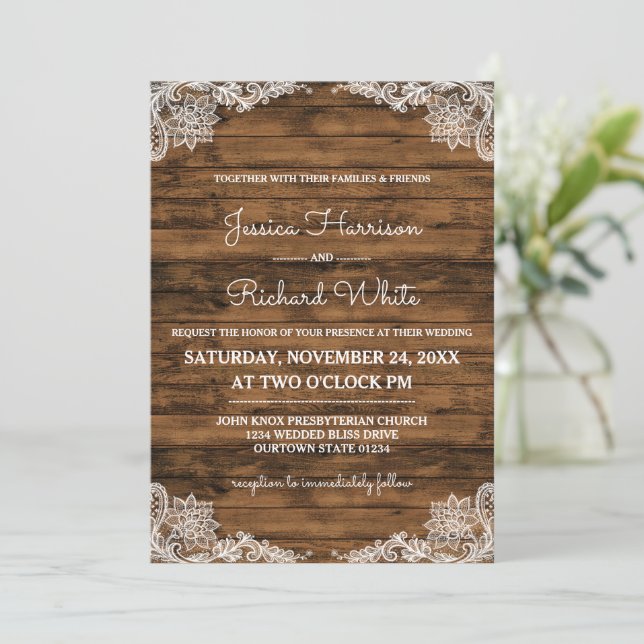 Rustic Barn Wood and Lace Wedding Invitation (Standing Front)