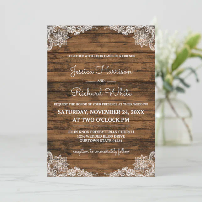 Rustic Barn Wood and Lace Wedding Invitation | Zazzle