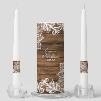 Rustic Barn Wood and Lace Wedding Unity Candle Set