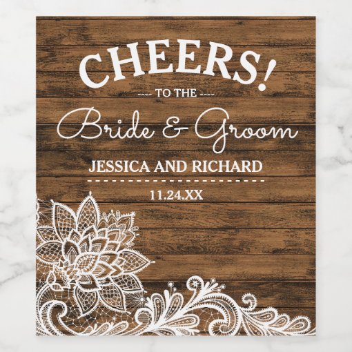 Rustic Barn Wood and Lace | Wedding Wine Label | Zazzle
