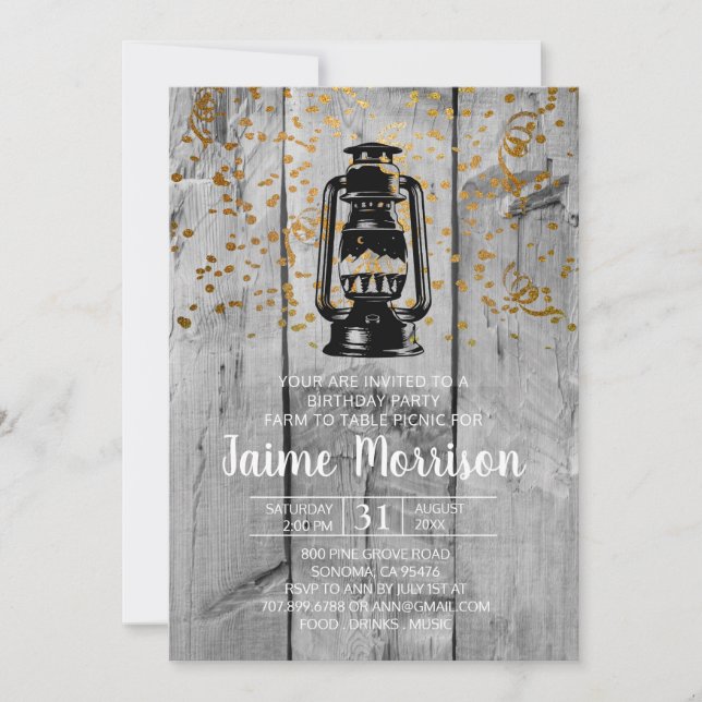 Rustic Barn Wood And Lantern Picnic Birthday Party Invitation (Front)