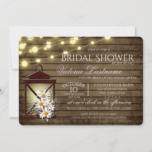 Rustic Barn Wood and Lantern with Daisies Invitation (Front)