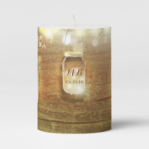 Rustic Barn Wood and String Lights Mason Jars Pillar Candle