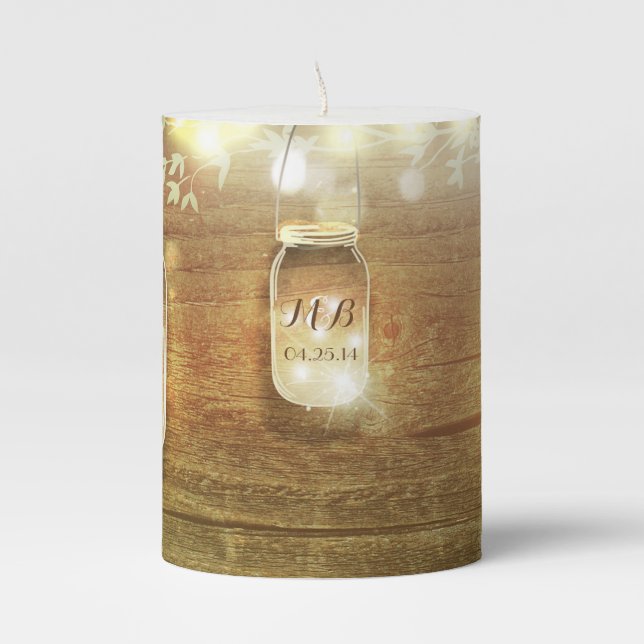 Rustic Barn Wood and String Lights Mason Jars Pillar Candle (Front)
