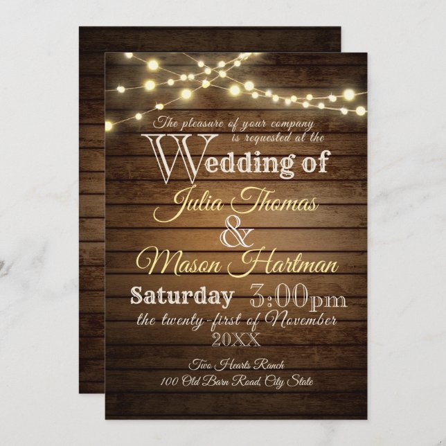 Rustic Barn Wood and String  Lights Wedding Invitation (Front/Back)