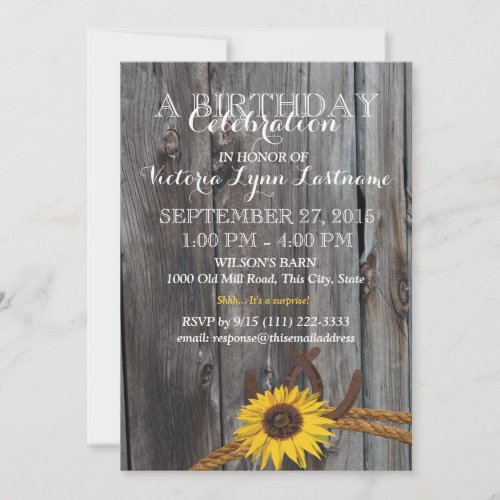 Rustic Barn Wood and Sunflower Birthday Personalized Invitations
