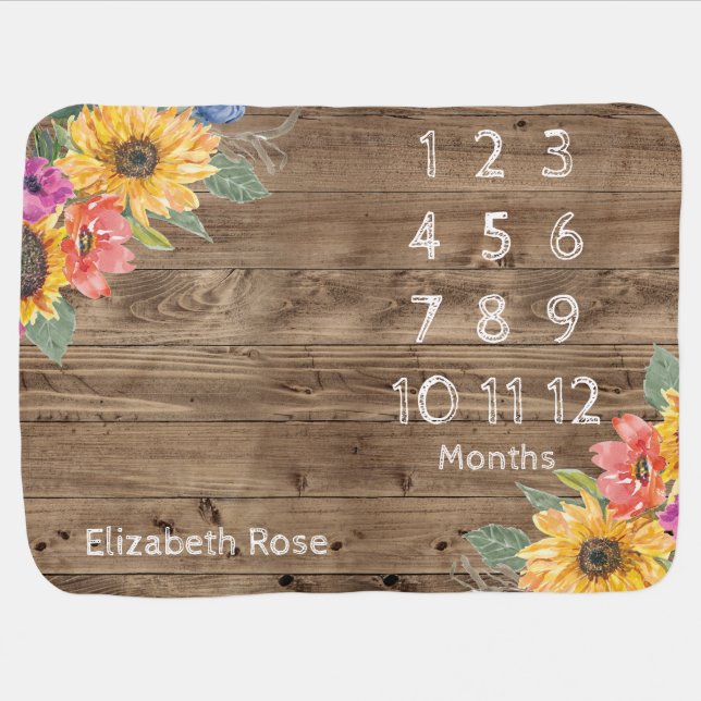 Rustic Barn Wood and Sunflower Milestone Baby Blanket (Horizontal)