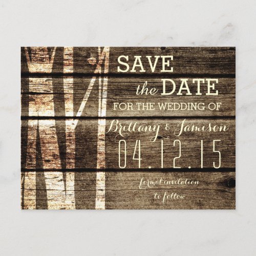 Rustic Barn Wood Birch Trees Winter Save the Date Announcement Postcard