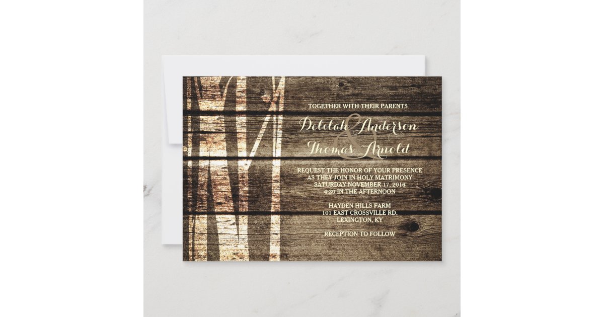 Rustic Barn Wood Birch Trees Winter Wedding Invite | Zazzle