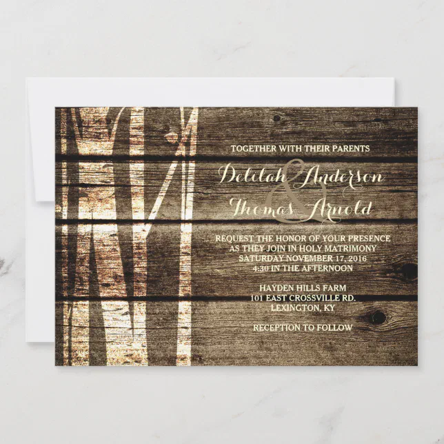 Rustic Barn Wood Birch Trees Winter Wedding Invite | Zazzle