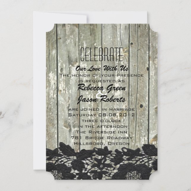 rustic barn wood black lace modern country wedding invitation (Front)