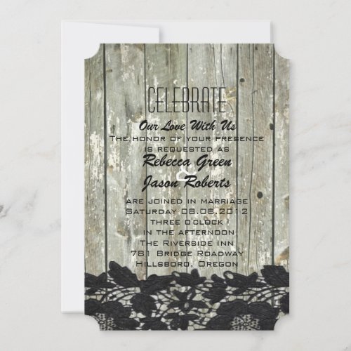 rustic barn wood black lace modern country wedding invitation