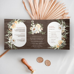 Rustic Barn Wood Boho Earthy Peach Floral Wedding Tri-Fold Invitation