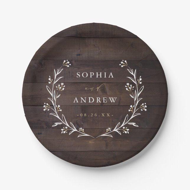 Rustic Barn Wood Boho Floral Country Wedding Paper Plates (Front)