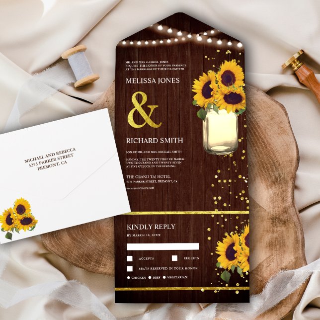 Rustic Barn Wood Boho Mason Jar Sunflowers Wedding All In One Invitation