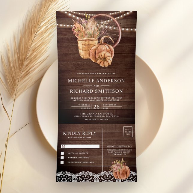 Rustic Barn Wood Boho Pumpkin Autumn Fall Wedding Tri-Fold Invitation (Creator Uploaded)