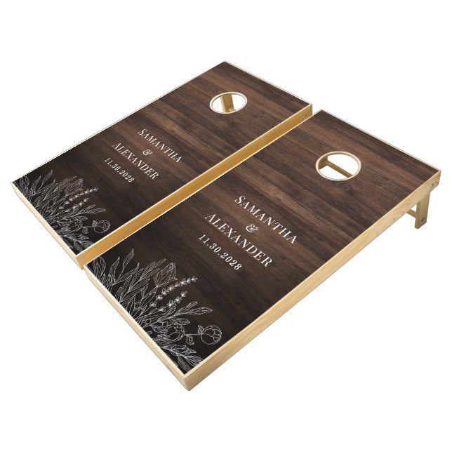 Rustic Barn Wood Botanical Couple Names Cornhole Set (Angled)