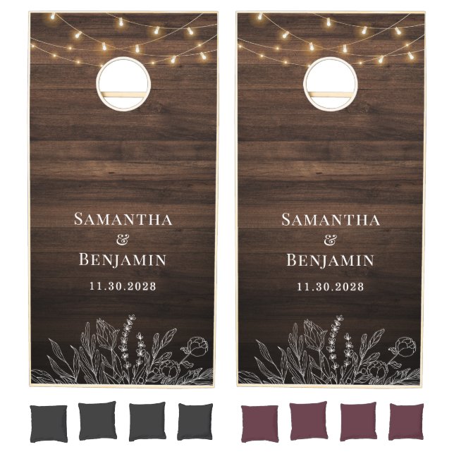 Rustic Barn Wood Botanical Lights Couple Names Cornhole Set (Set)