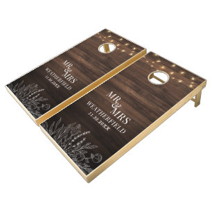 Rustic Barn Wood Botanical Lights Newlyweds Custom Cornhole Set
