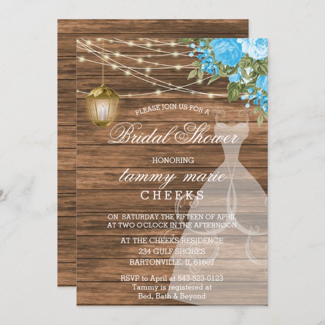 Rustic Barn Wood Bridal Shower - Baby Blue Invitation (Front/Back)