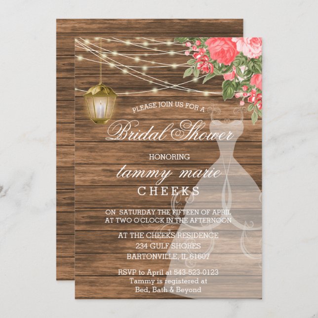 Rustic Barn Wood Bridal Shower - Coral Invitation (Front/Back)