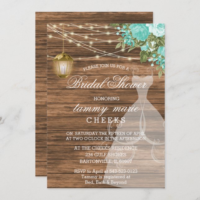 Rustic Barn Wood Bridal Shower - Teal Invitation (Front/Back)