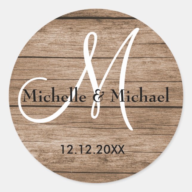 Rustic Barn Wood Bride And Groom Monogram Classic Round Sticker (Front)