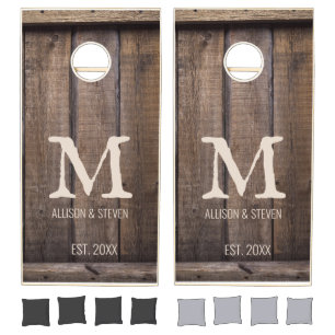 Rustic Barn Wood Brown Beige Family Monogram Cornhole Set
