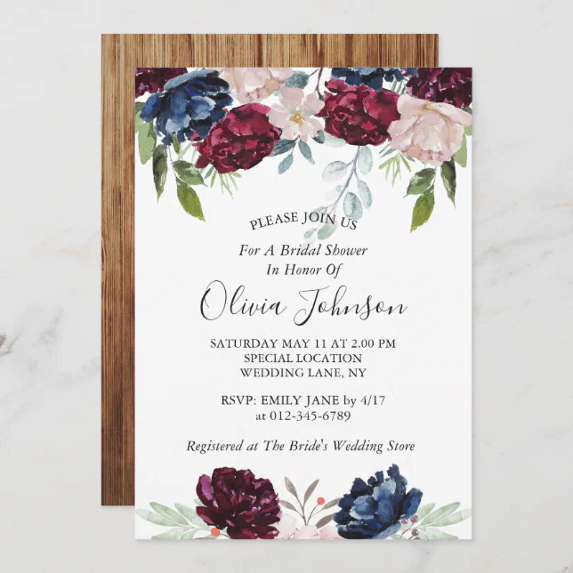 Rustic Barn Wood Burgundy Floral Bridal Shower Invitation | Zazzle