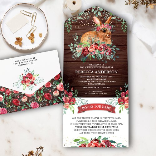 Rustic Barn Wood Burgundy Floral Bunny Baby Shower All In One Invitation