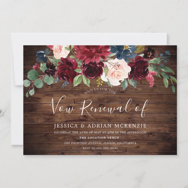 Rustic Barn Wood Burgundy Red Wine Vow Renewal Invitation (Front)