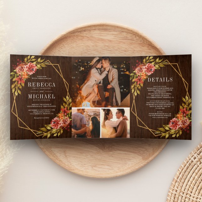 Rustic Barn Wood Burnt Orange Floral Frame Wedding Tri-Fold Invitation (Creator Uploaded)