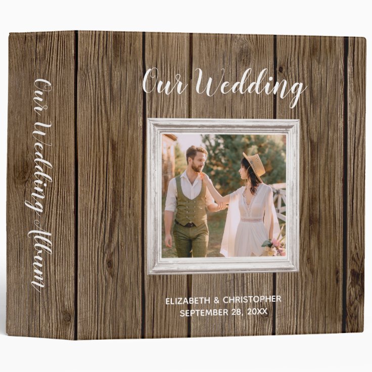 Rustic Barn Wood Calligraphy Photo Wedding Album 3 Ring Binder | Zazzle