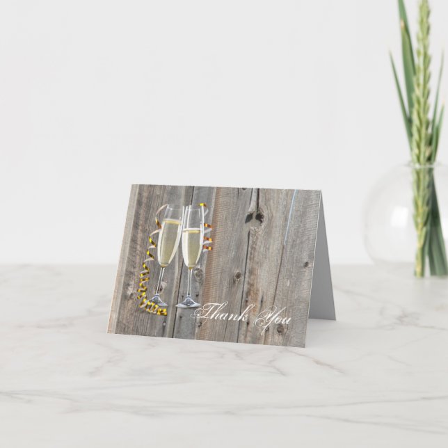 rustic barn wood champagne western country wedding thank you card (Front)