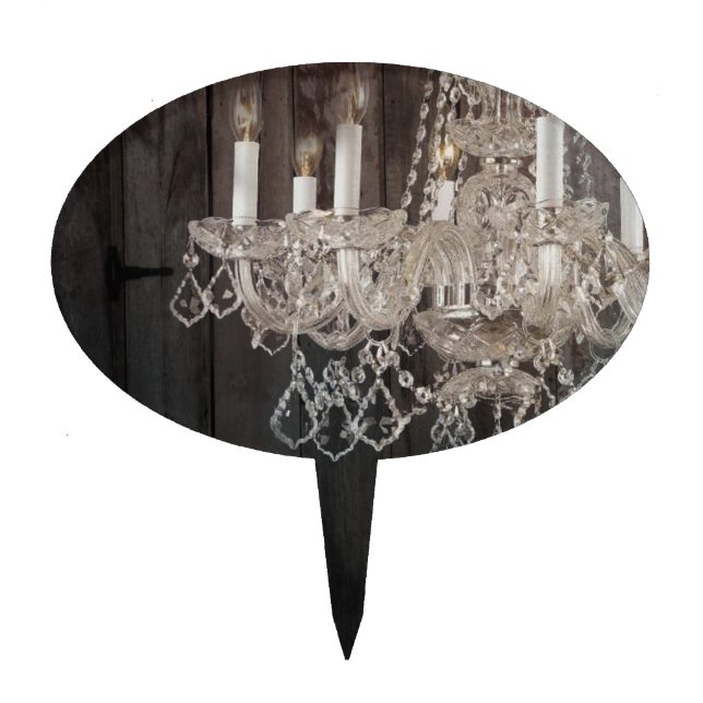 Rustic barn wood chandelier wedding cake topper (Front)