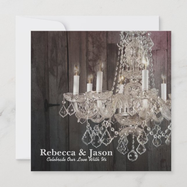 Rustic barn wood chandelier wedding invitation (Front)